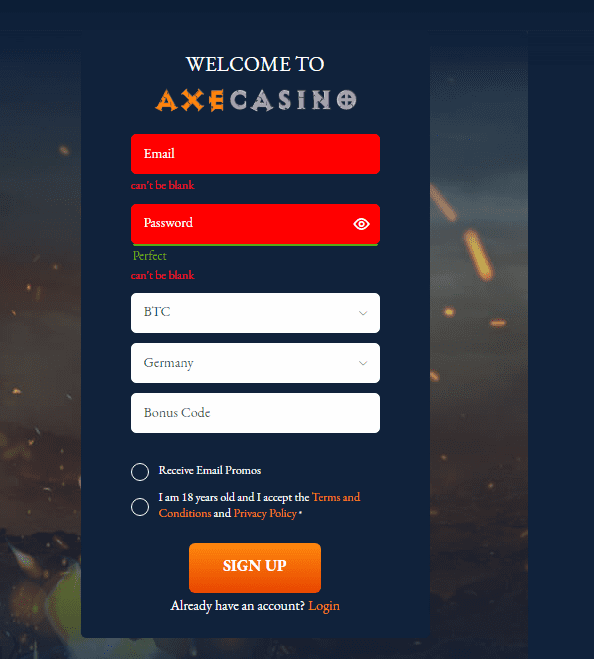 Registration Axe Casino